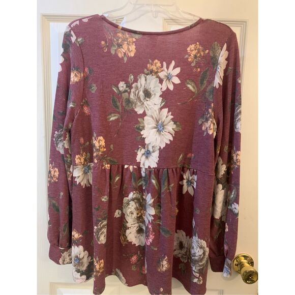 HONEY ME TOP BABY DOLL LONG SLEEVE BOHO MAUVE FLOWER PRINT V NECK SZ S NWT - Picture 5 of 10